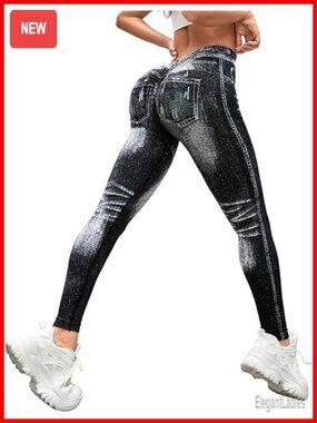 Faux Denim Jeggings Scrunch Butt Lifting High Waist Yoga Pants Tummy Control